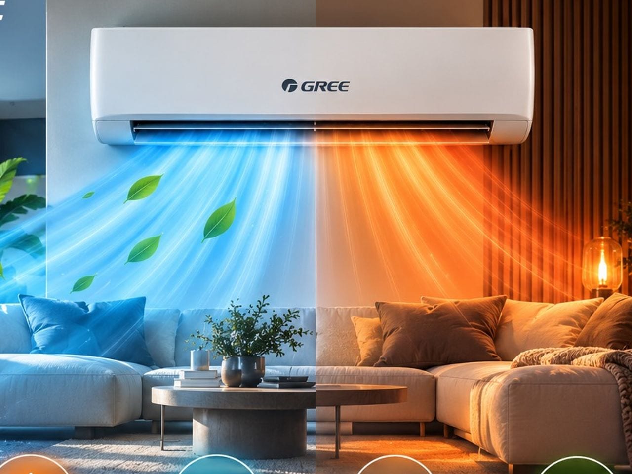 GREE-airco die een woonkamer tegelijk koelt en verwarmt
